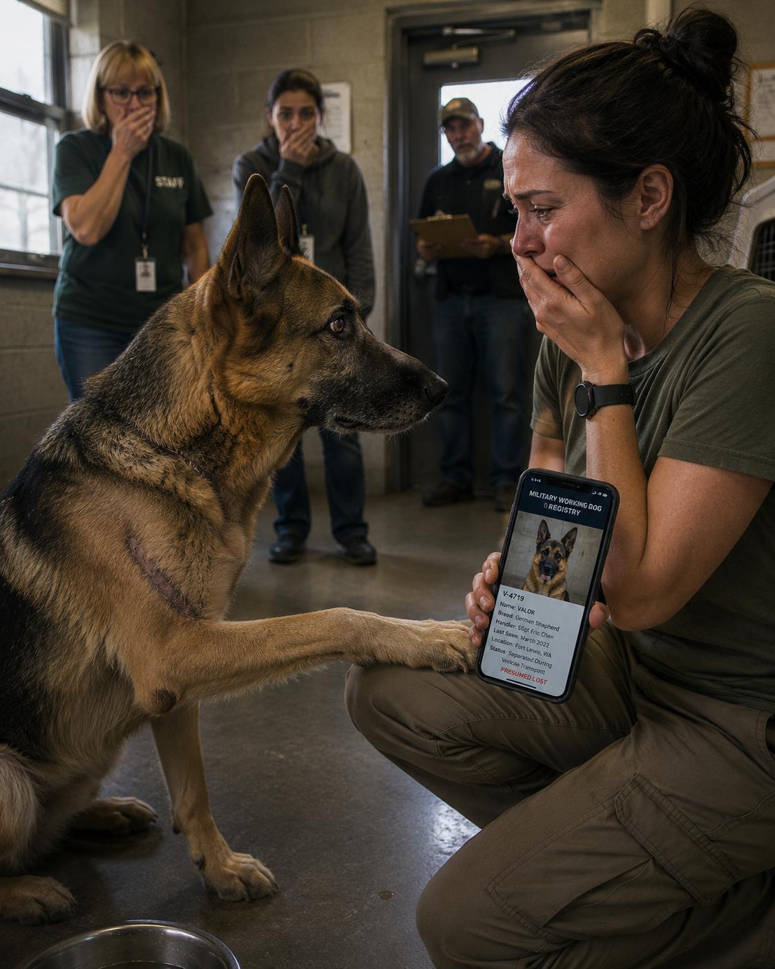 A rescue dog sat perfectly on command, raised his left paw, and held a position she hadn’t taught in two years — the exact sequence her handler used overseas.