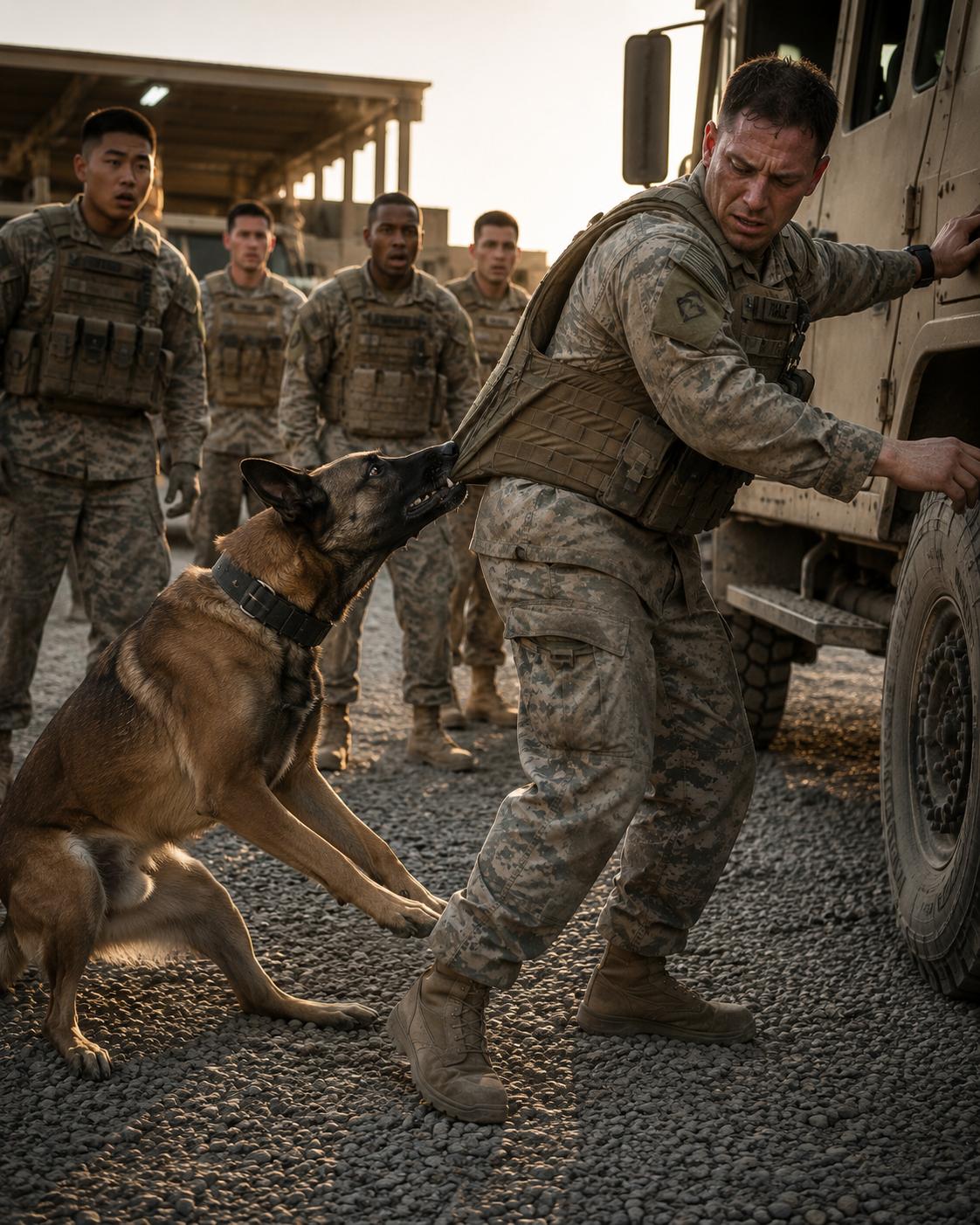 A military handler tried to board his truck. His bomb dog locked his jaw on his vest and wouldn’t let go. 30 seconds later, everyone understood why.
