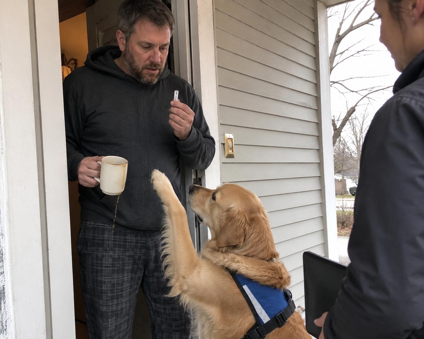 A service dog arrived at his door on the exact anniversary of his wife’s death. The trainer went silent when she saw what was in his hand.